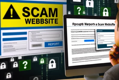An attentive individual reports a suspicious website using Cybertrace's ScamID reporting form on a digital device, surrounded by cybersecurity icons such as padlocks, shields, and digital code, highlighting the vigilance against online scams.