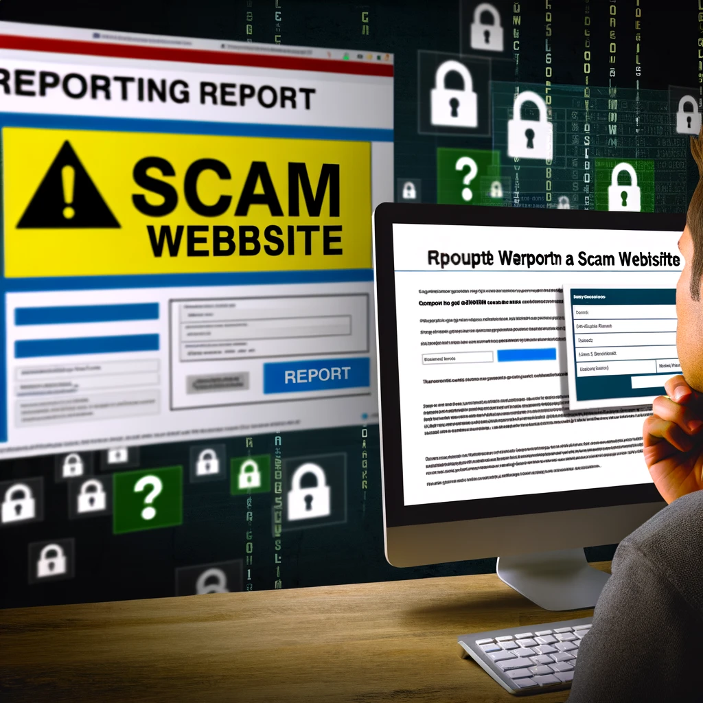An attentive individual reports a suspicious website using Cybertrace's ScamID reporting form on a digital device, surrounded by cybersecurity icons such as padlocks, shields, and digital code, highlighting the vigilance against online scams and higher levels of digital literacy.