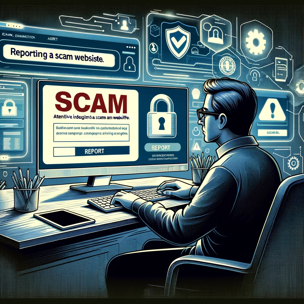 An individual is at a desk, looking at a computer with a 'SCAM' alert on the screen, indicating the process of reporting a fraudulent website. Cybersecurity icons float around, symbolizing a secure digital environment.