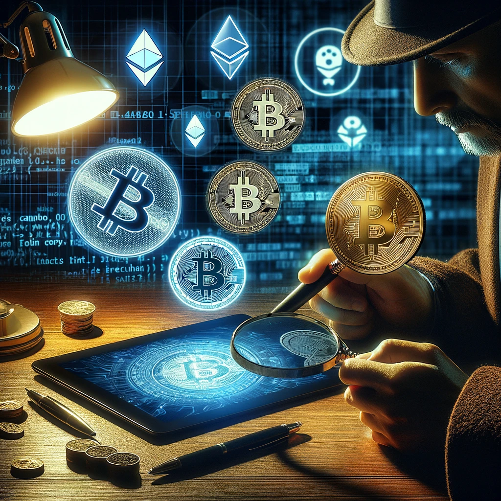 How to Investigate Cryptocurrency Scams. Image of a detective investigating Bitcoin cryptocurrency. Recovery is difficult.