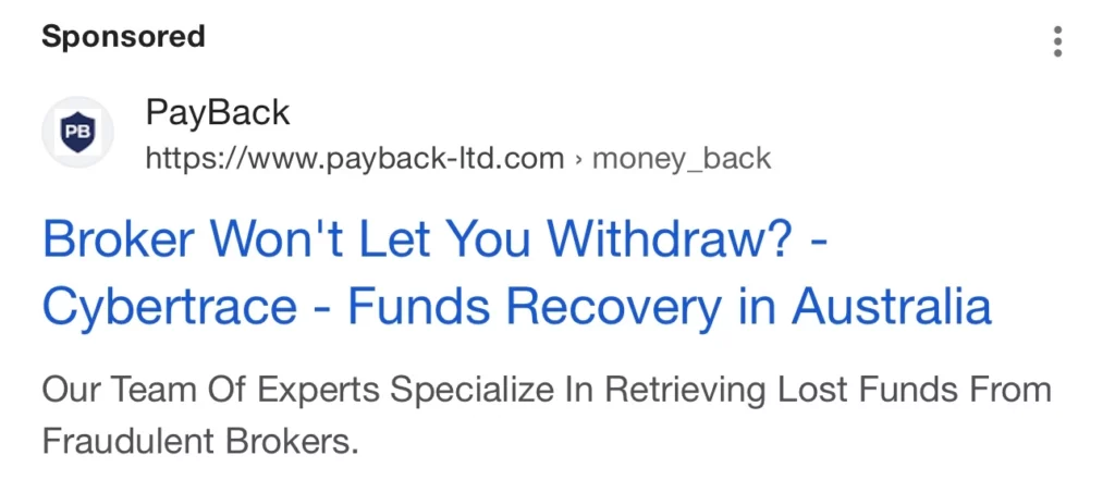 Payback using our brand name in their google advertisement. Scam.