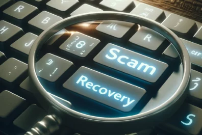 A keyboard with a magnify glass and the words Scam Recovery.