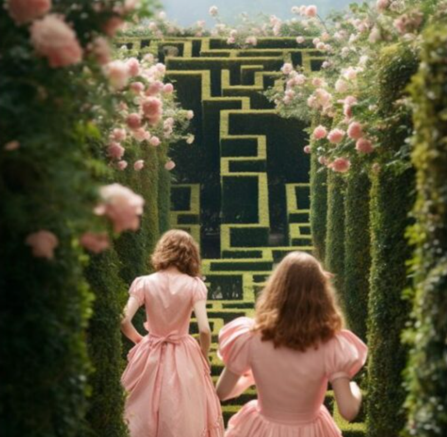 Girls wearing pink walking into a maze which is an analogy for the maze of crypto money laundering.