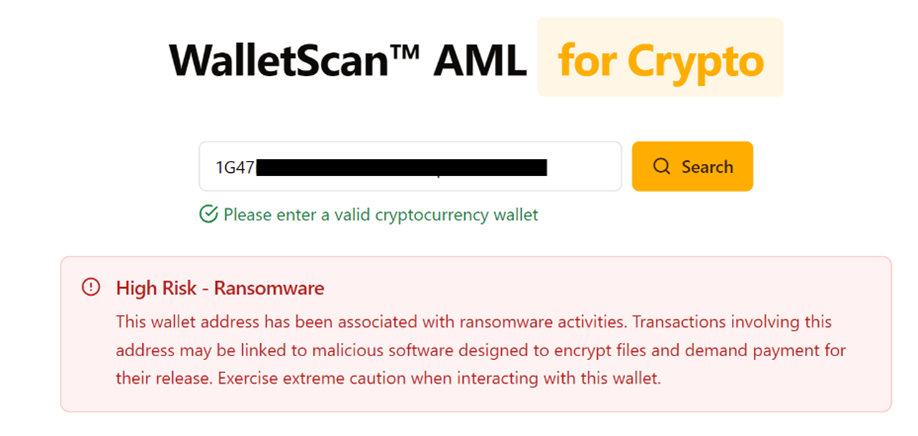 Screenshot of a search of WalletScan for scam or illicit wallet address.