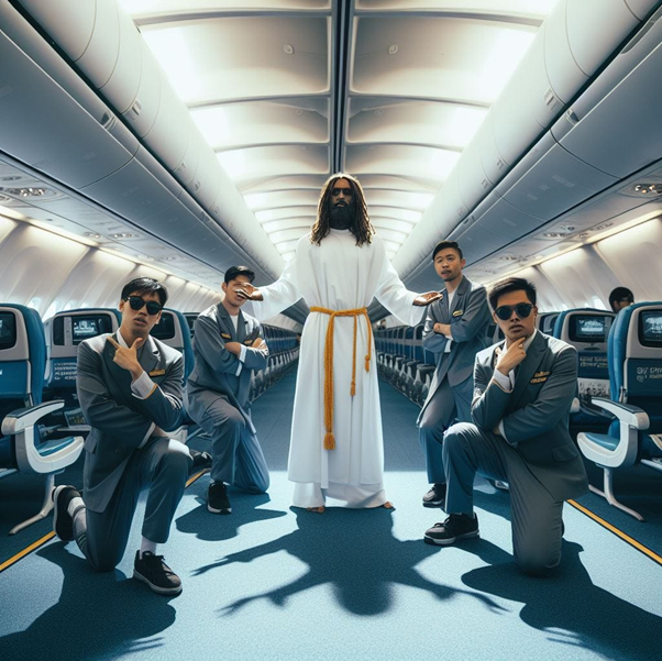 Black Jesus in a plane with airline staff in gangster poses.