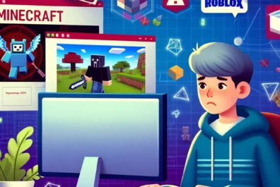 A child sitting at a computer PC playing online games such as fortnite, roblox or minecraft and exposed to scams.