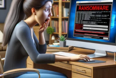 Image of a female sitting at her pc with Ransomeware on the monitor indicating that she had been hacked. She needs better cyber literacy.
