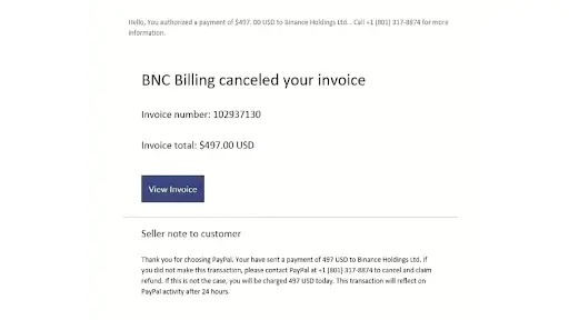 screenshot of fake paypal email invoice scam